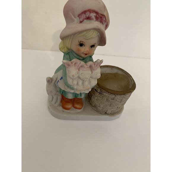 Vintage Little Luvkins Vintage Votive Candle Holder Girl with Rabbits 5"h x 3 5" - Picture 3 of 8